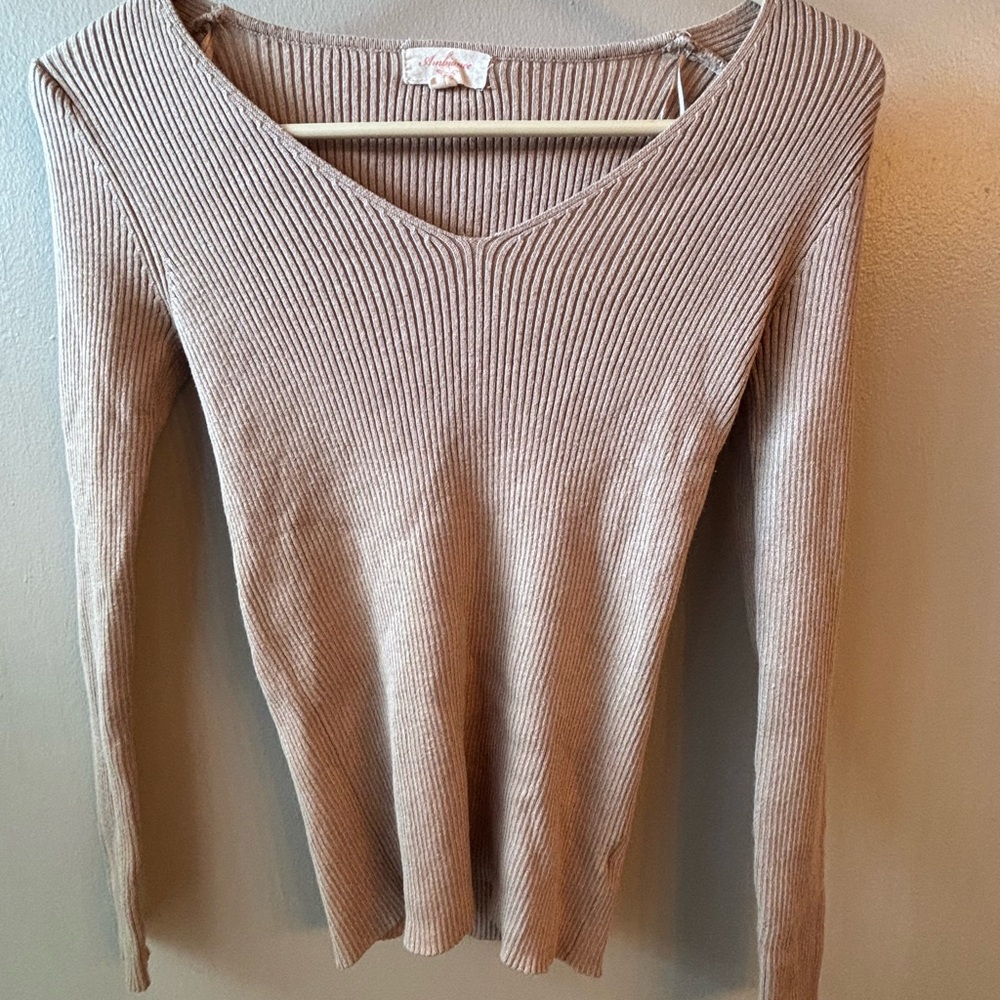 Ambiance V-Neck Ribbed Sweater - Beige